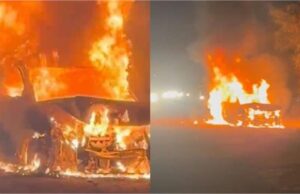 दिल्ली-जयपुर हाइवे पर चलती कार में भड़की आग: नीलगाय को बचाने में कार अनियंत्रित, चालक ने कूदकर बचाई जान